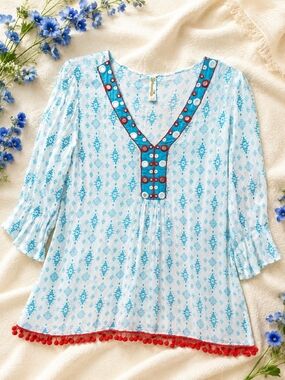 Squeeze Boho Gauze Blouse S/M Mirror Embellished Peasant Top Pom Pom Trim